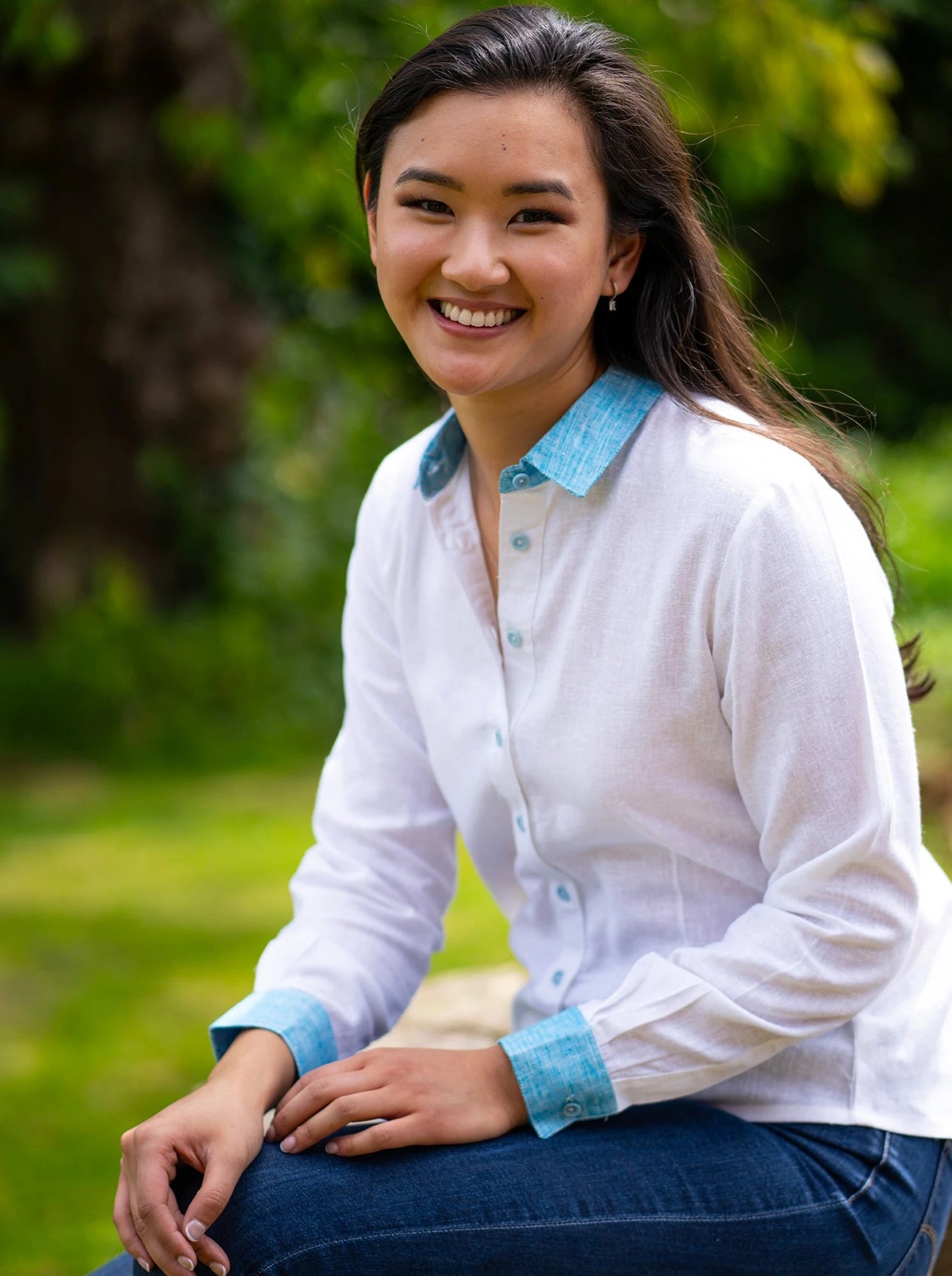 Women's Hemp Shirt White - Turquoise