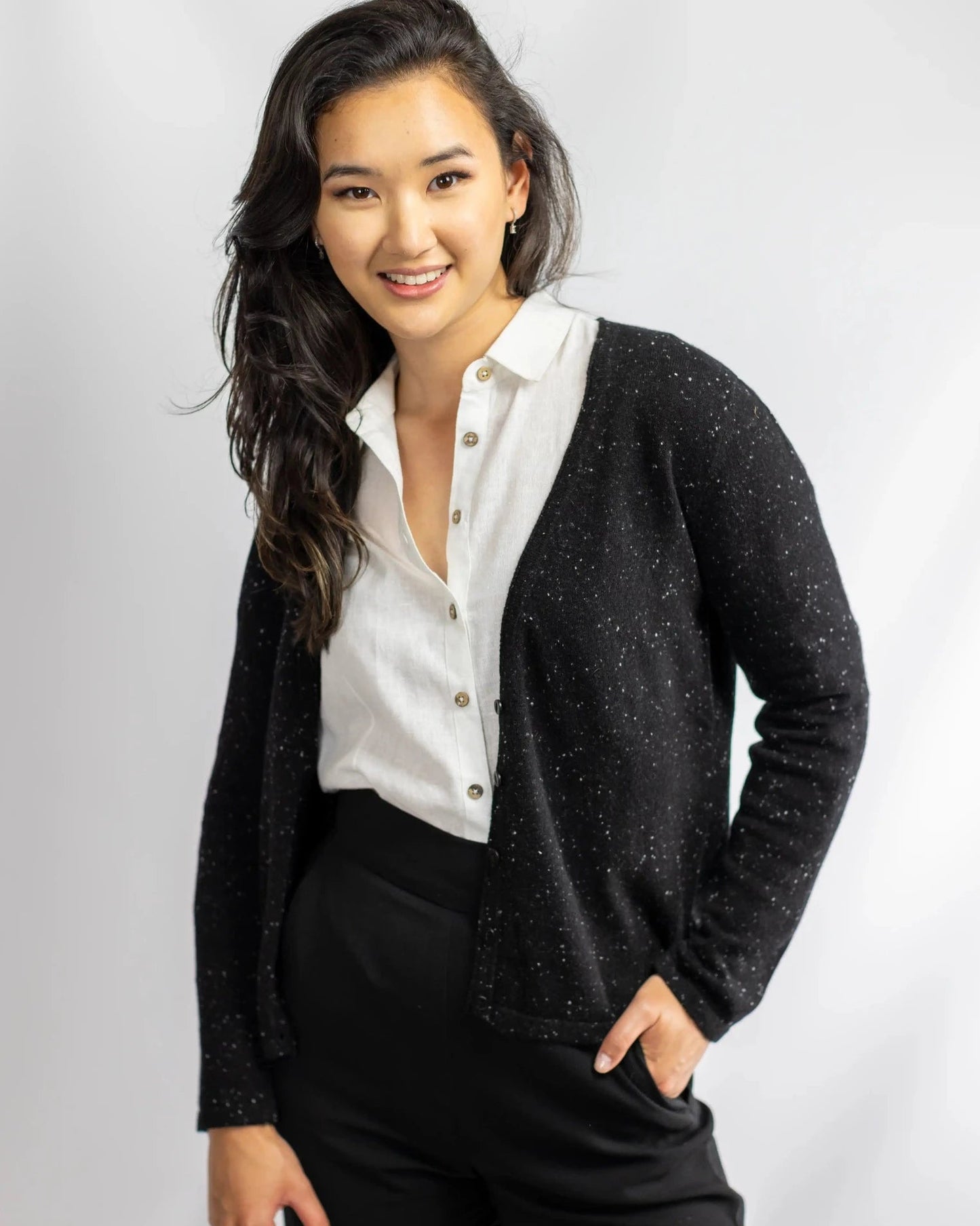 White shirt black sales cardigan