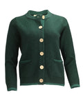 Women's cardigan in green with pockets and block colour inside pocket, hem and cuff ends.