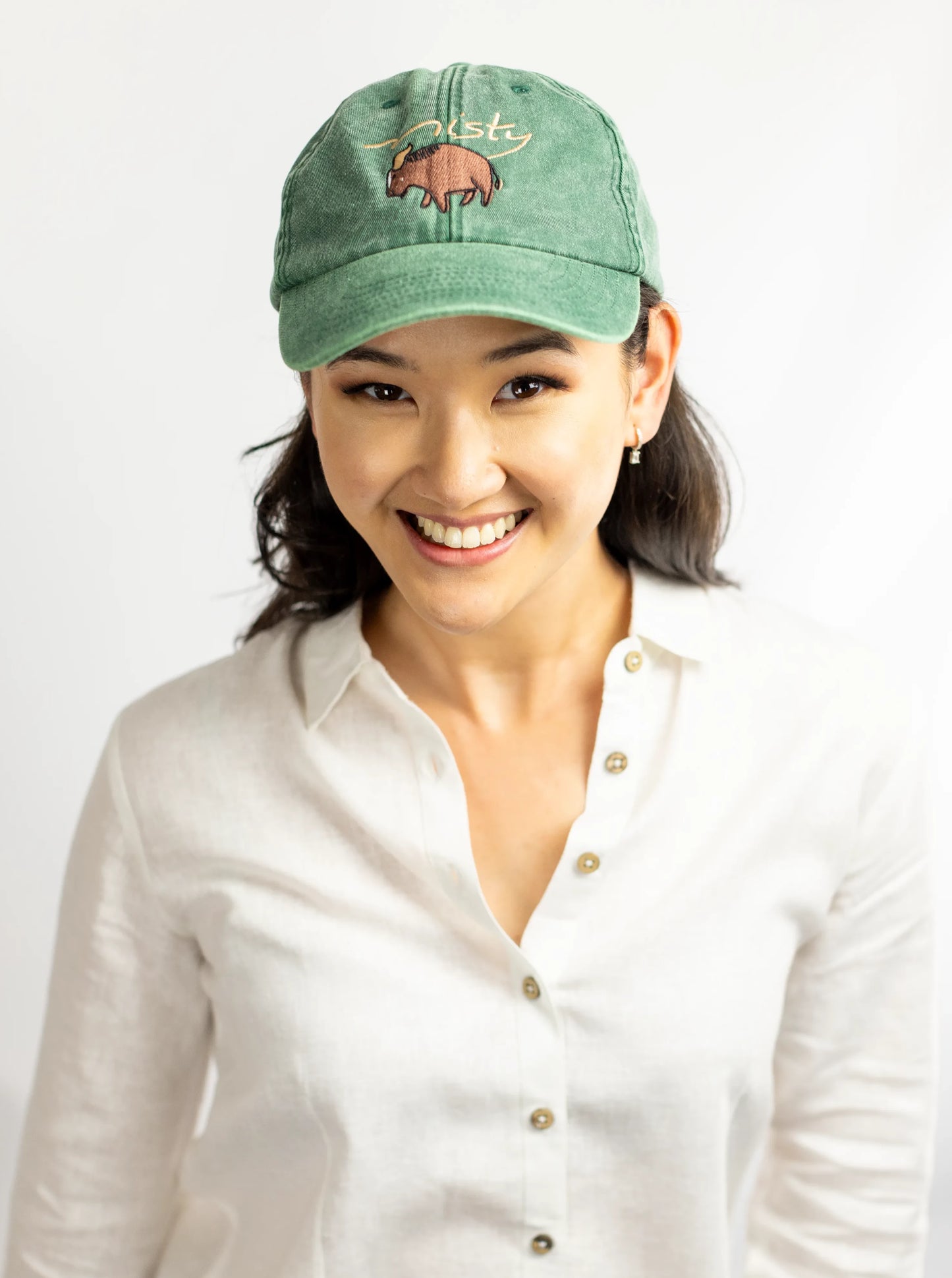baseball cap in vintage green pure cotton from Misty Cashmere