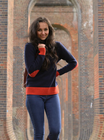 Roll Neck Jumper | Navy with Burnt Orange