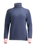 Aegean blue roll neck jumper with pink patches on the elbows as cut out with white background