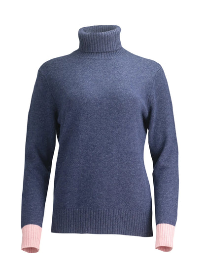 Cashmere and Merino Roll Neck Jumper | Aegean Blue with Pink