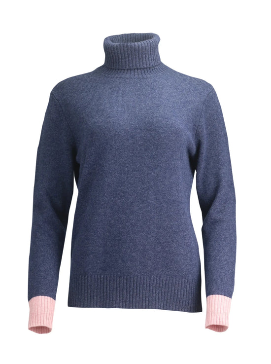 Load image into Gallery viewer, Cashmere Merino Roll Neck Jumper | Aegean Blue with Pink
