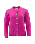 Cashmere cardigan for women in pink and orange with front pockets and large coconut buttons on white background