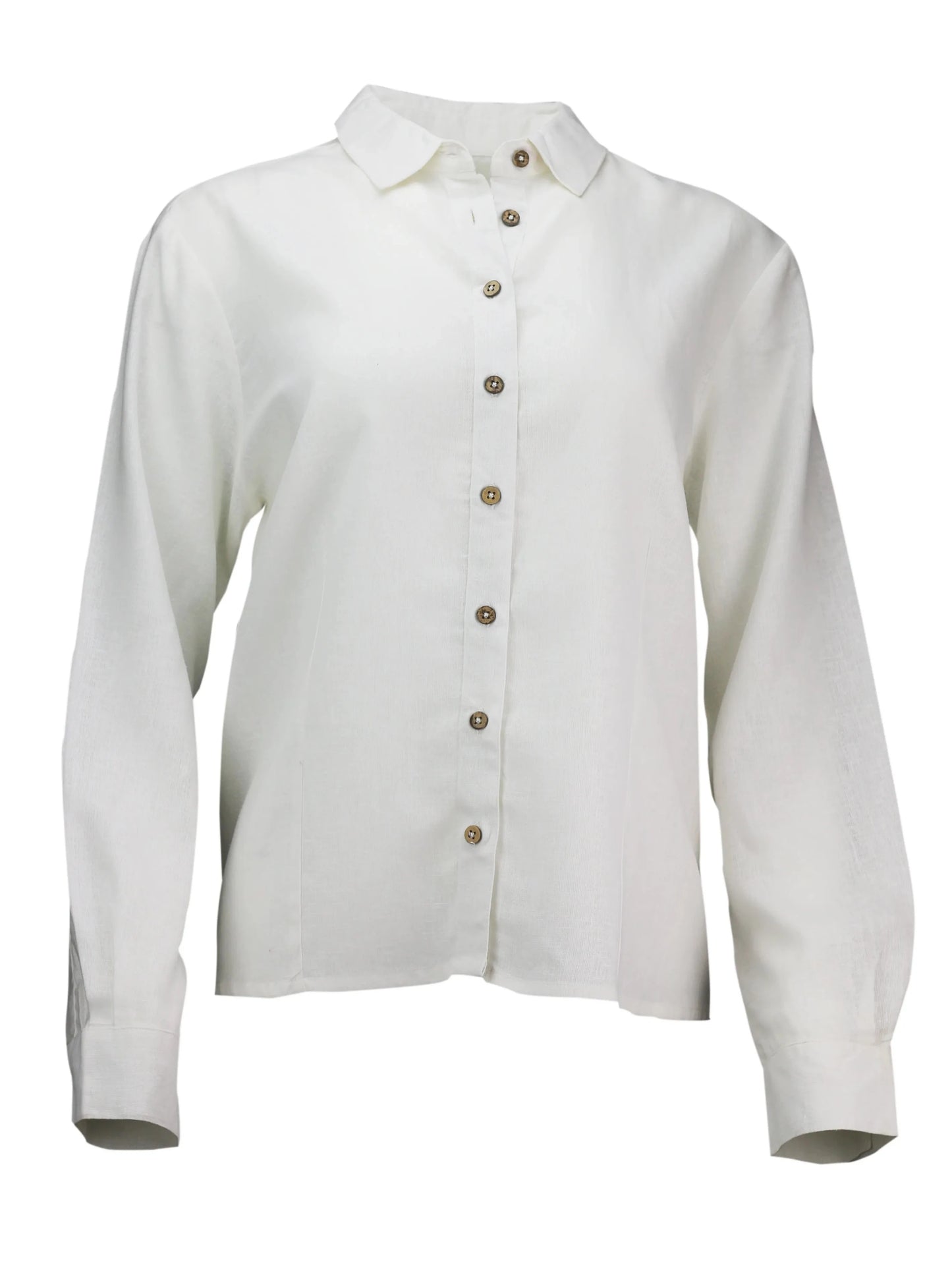 womens white shirt in a sustainable hemp lyocell fabric with small coconut buttons by misty cashmere