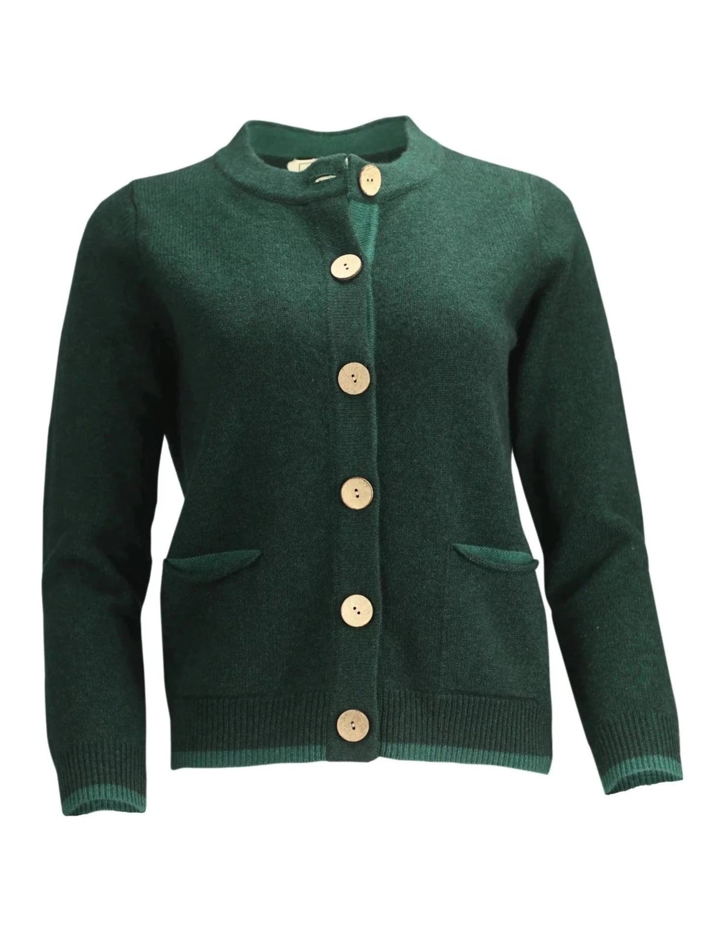Women's cardigan in green with pockets and block colour inside pocket, hem and cuff ends.