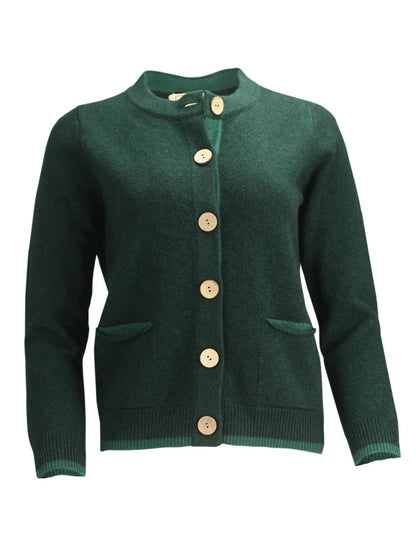 Women's cardigan in green with pockets and block colour inside pocket, hem and cuff ends.