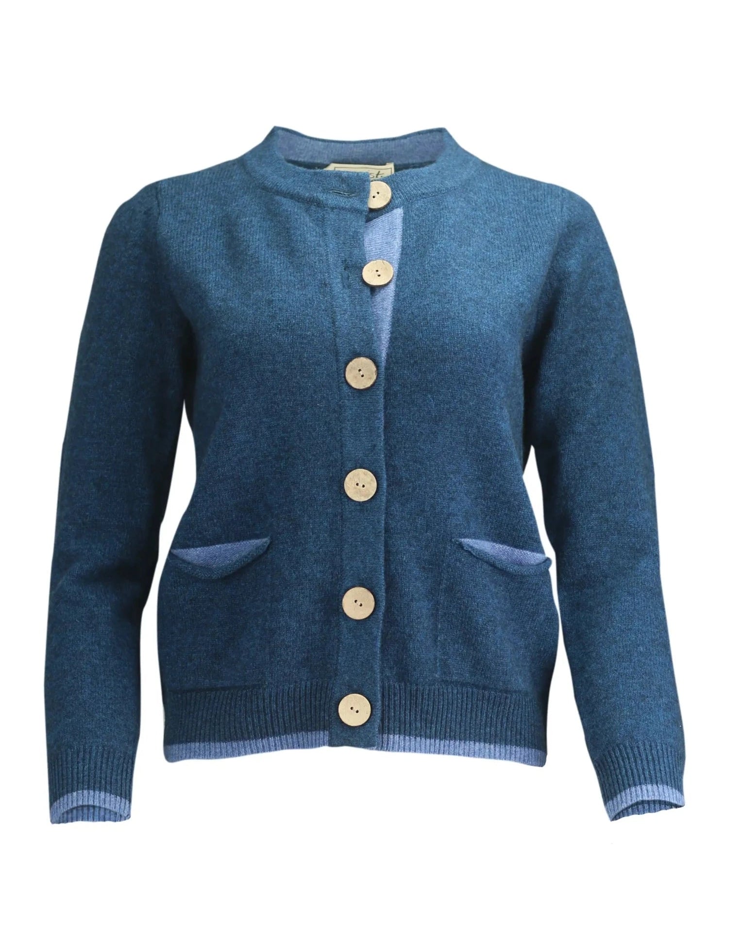 Women's thick 7-gauge cashmere merino cardigan with large coconut buttons in ocean blue by Misty Cashmere.