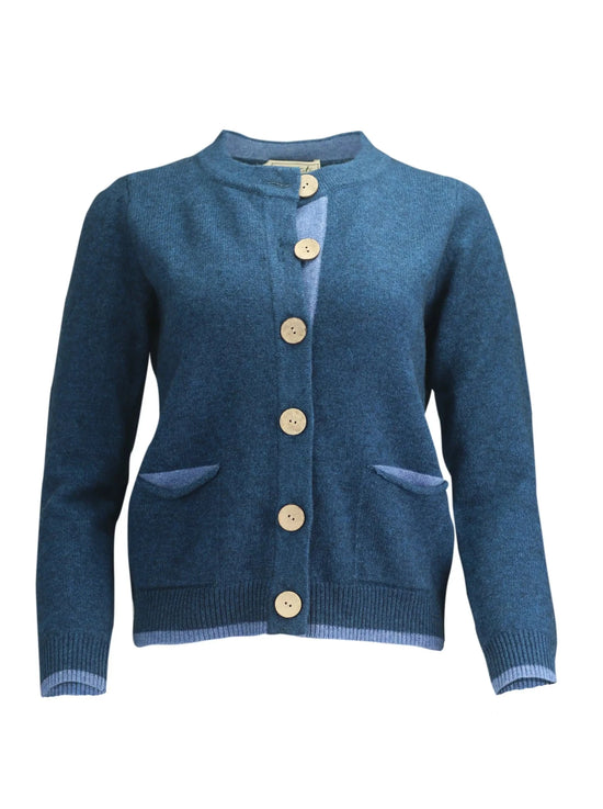 Women's thick 7-gauge cashmere merino cardigan with large coconut buttons in ocean blue by Misty Cashmere.