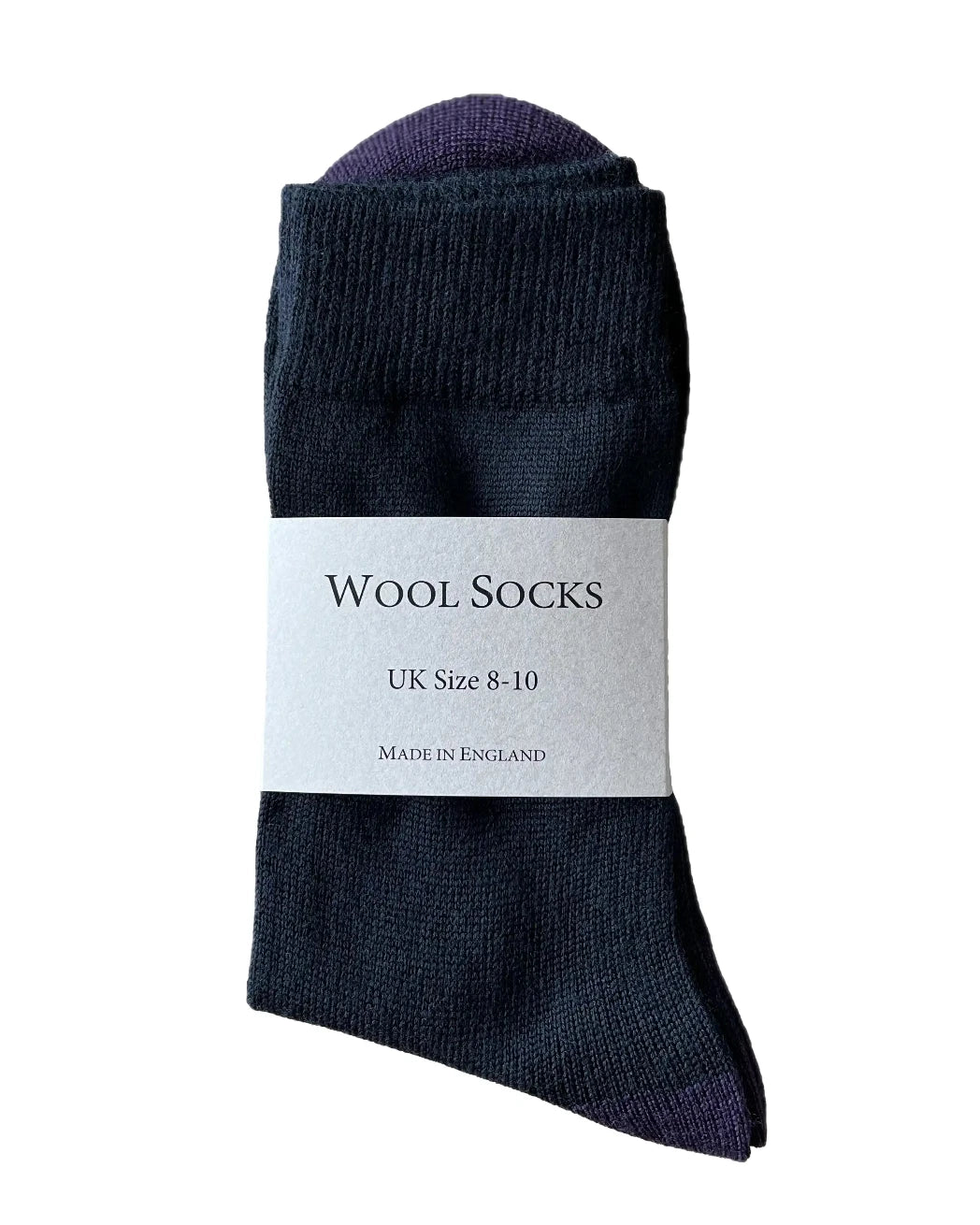 A pair of black wool socks with purple heel and toe, labelled with 'Wool Socks UK Size 8-10' on a white background.