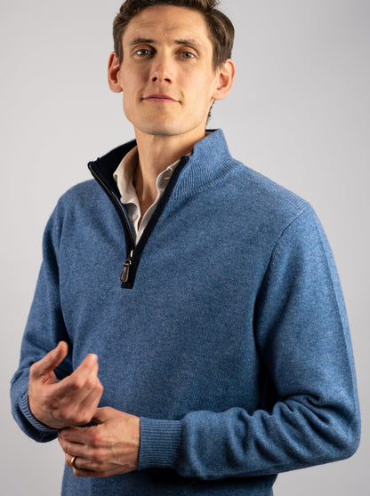 Cashmere and Merino Zip Neck Jumper | Marine Blue