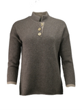 high collar jumper in brown and beige mole block colours with large coconut buttons 