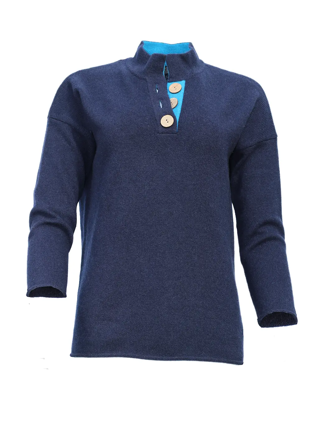 high collar jumper sweater in navy and turquoise with large natural coconut buttons from misty cashmere