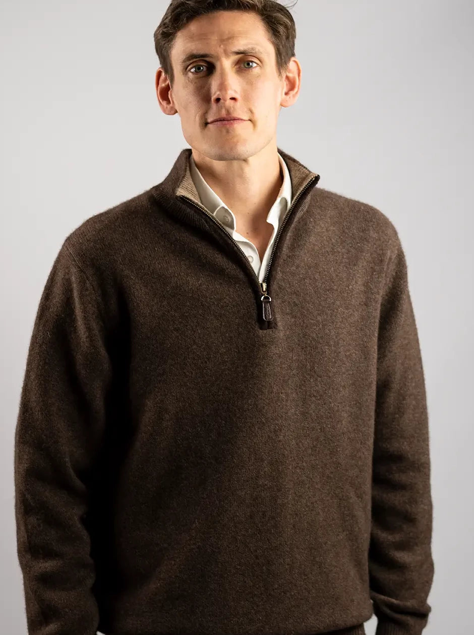 Load image into Gallery viewer, men&amp;#39;s quarter zip neck jumper knitted in a thick knit undyed sustainable yak yarn with boiled wool trim by misty cashmere
