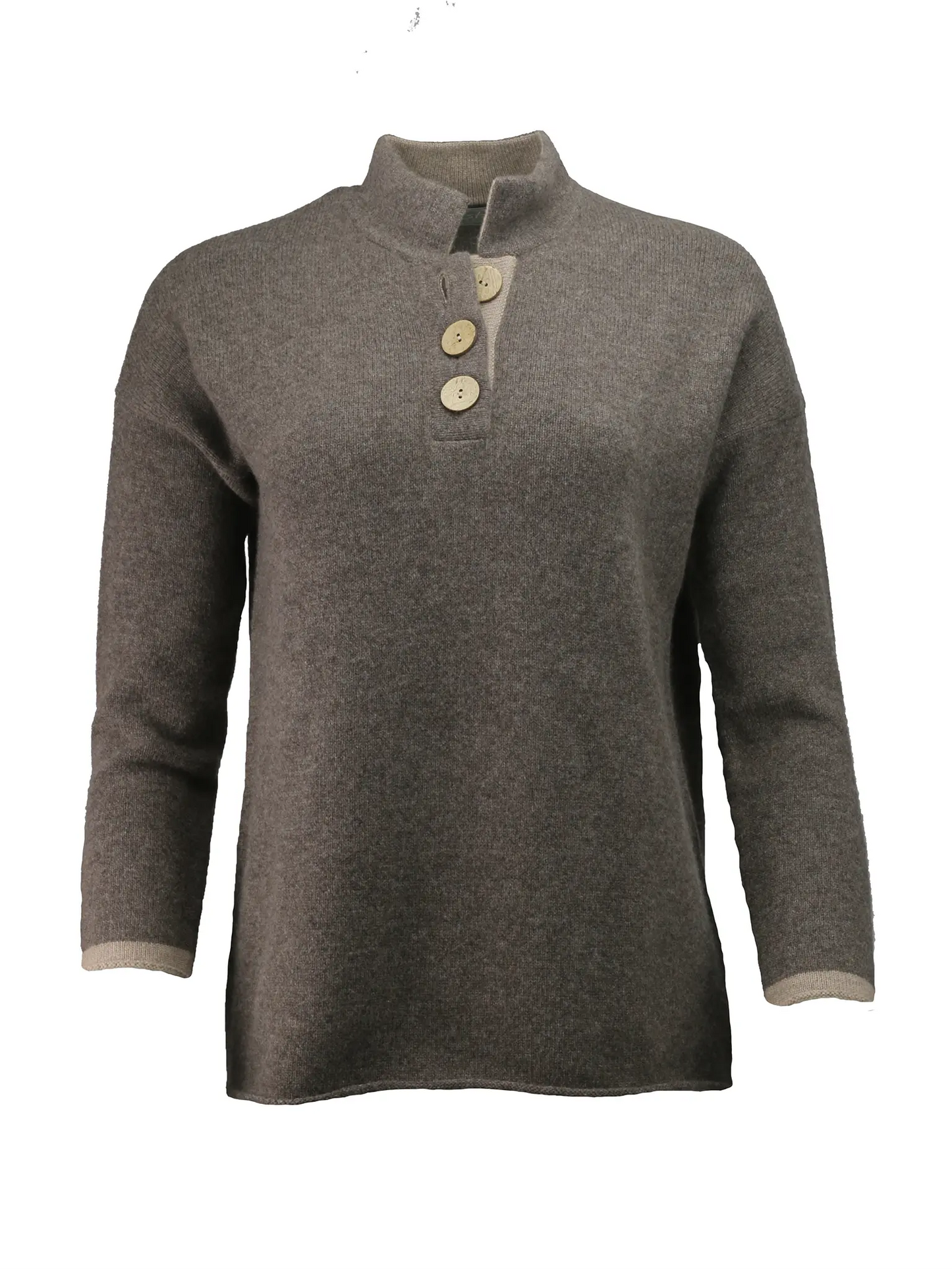 high collar jumper in brown and beige block colours with large coconut buttons 