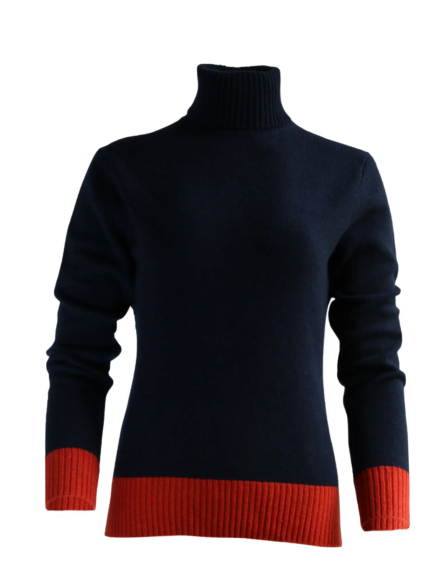 product picture of womens roll neck jumper front with burnt orange elbow patches cuff ends and hem