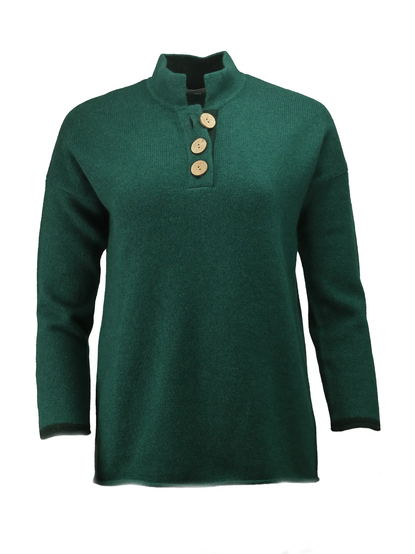 womans high collar jumper in contrast green mytrle with large coconut buttons in boxy fit by misty cashmere
