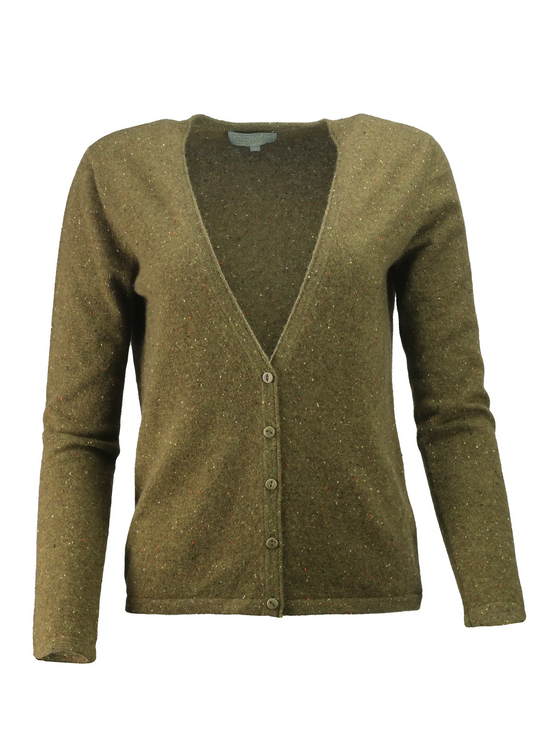womans vneck cardigan in pure cashmere in moss fleck and corozoo nut buttons from misty cashmere