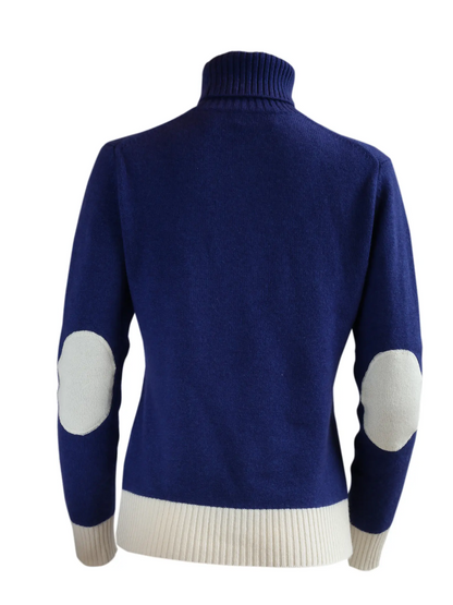 Cashmere and Merino Roll Neck Jumper | Blue with Cream