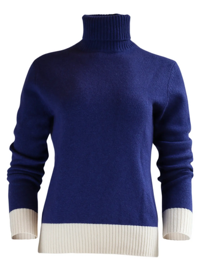 Roll Neck Jumper in Cashmere/Merino | Blue with Cream